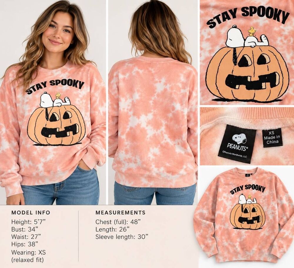 Peanuts Snoopy Stay Spooky Halloween Pumpkin Tie Dye Sweatshirt XS NWT